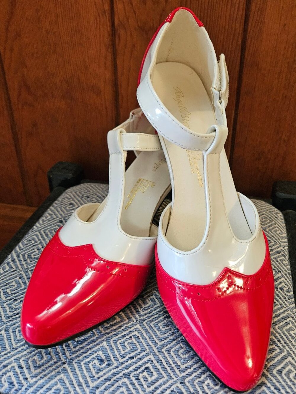 Angel Steps Vintage Inspired Red & White Wing-tip T-Strap Pumps, 2.5" Heel